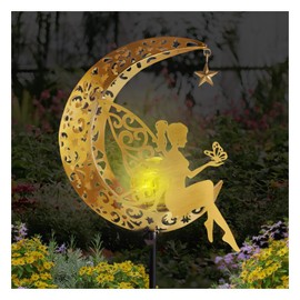 DROSOKING Solar Garden Statues Outdoor Decor, Fairy Moon Figurine Light Stake, Housewarming Ornament for Patio,Pathway - Unique Gift Ideas for Gardening Mom Grandma