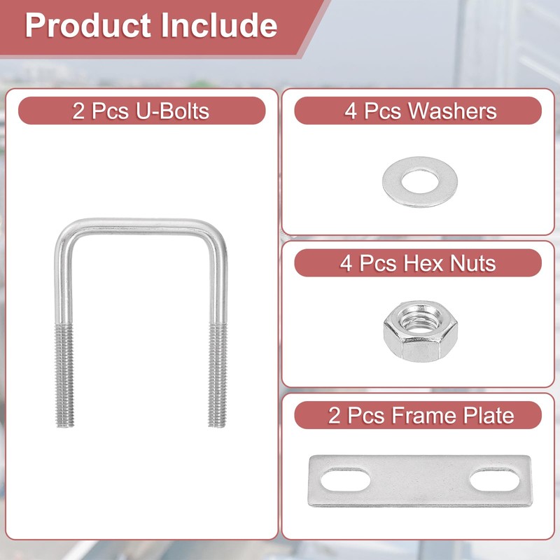 sourcing map 2Sets 304 Stainless Steel Square U-Bolts, 2.05" (52mm)