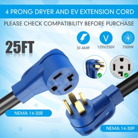 Kanayu 25 FT 4 Prong Dryer/EV Extension Cord 30 Amp NEMA 14-30P to 14-30R for Level 2 EV Charging and Dryer Power Flexible Cable STW 10 Gauge Cord with Grip Handle ETL Listed (Blue and Black)