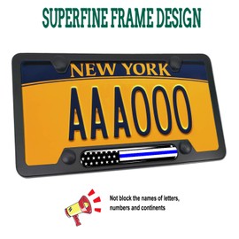 FBJTDQ Police Thin Blue Line License Plate Frame-American Flag Patriotic Car Tag Holder, USA Black Aluminum Bracket with Screw, Cap Covers, Decal, Novelty Present for Law Enforcement, 1 Pack