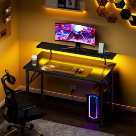 Need 39.4 inch Small Computer Desk with LED Lights & Power Outlets, Folding Desk with Monitor Shelf, Small Folding Table Writing Desk Foldable Home Office Desk, Black