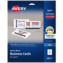 AVERY Avery Printable Business Cards with Sure Feed Technology, 2" x 3.5", White, 100 Blank Business Cards, Inkjet Printer Paper (28371)