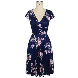 oxiuly Women's Chic Cross V-Neck Cap Sleeve Casual Summer Dress with Pockets Floral Flare A Line Party Tea Dresses OX296 (M, NB PinkF)