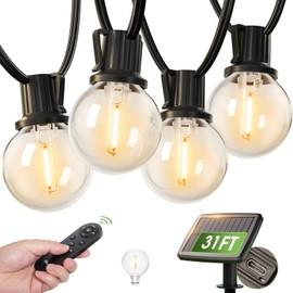 addlon 31FT (25+6) Solar String Lights with Remote, 13 Shatterproof G40 Bulbs, Solar Powered & USB Charging Patio Lights, Dimmable Waterproof Solar Light Outdoor for Camping Porch Backyard Party Decor