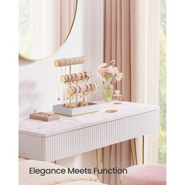 SONGMICS Bracelet Holder Stand, Jewelry Display Stand, Jewelry Organizer, with 3 Tiers and Velvet Tray, Removable Ring Holder, Cloud White and Camel Brown UJJS027A01