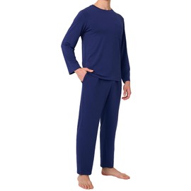 BAMBOO COOL Mens Pajama Set Bamboo Viscose Soft Pijamas Sets for Men Long Sleeve Full Length Pants Pjs Sleepwear with Pockets Navy Blue