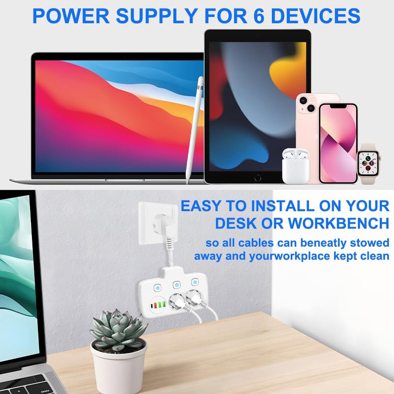 KUWUNG 6 in 1 Socket with USB, 2-Way Double Plug