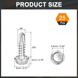 sourcing map 25Pcs #8 x 5/8" Self Drilling Screws, 410 Stainless Steel Self Tapping Screws for Metal, Hex Washer Head Sheet Metal