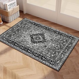 Yancorp 3'x5' Boho Area Rug for Bedroom Non Slip Washable Rug Vintage Carpet Living Room Non-Shedding Indoor Floor Mats Bedroom Kitchen Entryway Rugs-Rectangle Black Grey