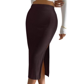 Ladybranch Pencil Midi Skirt for Women 2024 Fall Casual High Waist Ribbed Knit Stretchy Bodycon Skirt with Slit(Medium,Coffee)