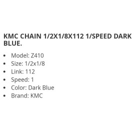 KMC SINGLE SPEED BICYCLE CHAIN BLUE 1/2"X1/8"X 112,CRUISER,BM