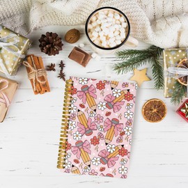 JKMBN Teacher Gifts Pink Bow Pencil Journaling Notebooks, Coquette Preppy Floral Spiral Notebook, Best Teacher Gifts for Women, Pink Office Supplies, Hardcover Spiral Lined Notebook 5.5 x 8.3