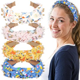 Hapdoo 4pcs Teacher Jeweled Knotted Headband - Back To School Gift Book Pencil Beaded Pearl Embellished Headband Top Knot Hair Accessories Teacher Appreciation Birthday for Women Girls