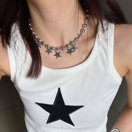 Iaceble Silver Chunky Balls Choker Necklace for Women Punk Star Dangle Necklace Metal Beaded Statement Necklaces Jewelry for Women