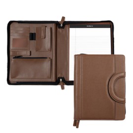 POPRUN Portfolio Binder with Zipper, Leather Padfolio Document Organizer with Storage, Professional Business Briefcase Ideal for Meeting Presentation Work-Includes 50 Sheet Writing Pad, Brown