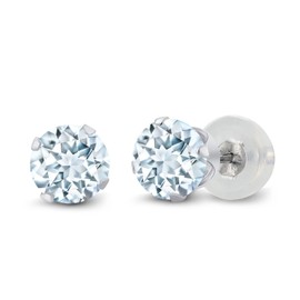 Gem Stone King 10K White Gold Sky Blue Aquamarine 4-Prong Stud Earrings For Women Men (0.90 Cttw, Gemstone Birthstone, Round 5MM)