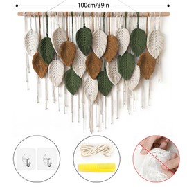 KHOYIME Large Macrame Wall Hanging Boho Woven Tapestry, Chic Home Decor Modern Bohemian Handmade Leaf Feather Wall Art Decorations for Apartment Dorm Living Room Bedroom Nursery Backdrop 39"W X 29.5"L