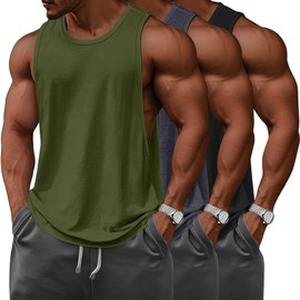 Ficerd 3 Pcs Big and Tall Men's Workout Tank Top Cotton Sleeveless Muscle Tee Gym Athletic Bodybuilding Cut Off Shirt(Black, Dark Gray, Army Green,5X-Large)
