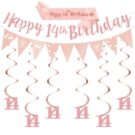 14th Birthday Party Decorations Girls - Happy Birthday Banner Decor Set with Glitter Garland Sash, Rose Gold Number 14 Hanging Swirls Bunting for 14 Years Old Party Supplies