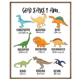 KEUSPI Positive Affirmations for Kids, Dinosaure Room Decor for Boys, CDinosaur God Says I am Christian Wall Art Prints, Christian Wall Decor, Christian Gifts for Kids, 8x10 Inch Unframed