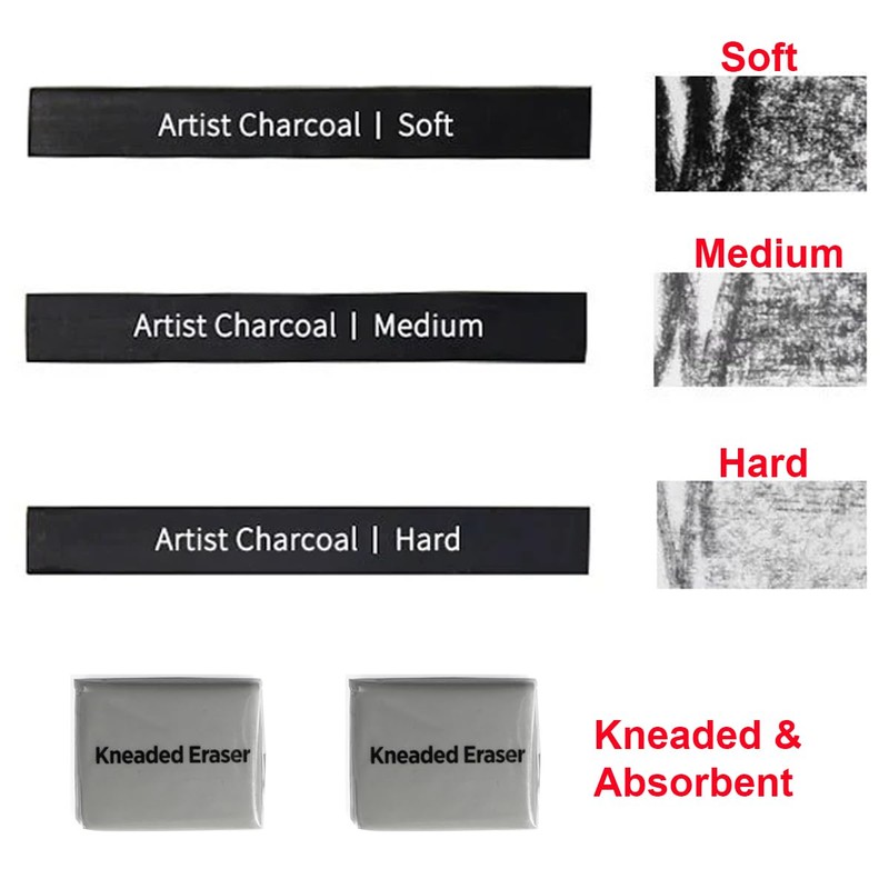 XQIGI Compressed Charcoal Sticks 6 PCS, Kneaded Rubber Erasers Large