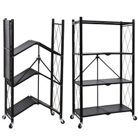 HealSmart 4-Tier Heavy Duty Foldable Metal Rack Storage Shelving Unit with Wheels Moving Easily Organizer Shelves Great for Garage Kitchen Holds up to 1000 lbs Capacity, Black