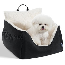 Milk and Soda Small Dog Car Seat Bed for Small Dogs Under 20 LBS with 2-Sided Pillow, Side Pockets, Built-in Leash, Machine Washable Cover (Black, Small)