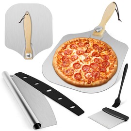Pizza Peel, 12" x 14" Pizza Spatula for Oven, Aluminum Pizza Paddle with Cutter Scraper Pastry Brush, Pizza Peels Oven Accessories for Baking Homemade Pizza Dough Bread