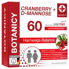 Botanicy BOTANICY Cranberry + D-Mannose - Unterstützt Blase & Harnwege - PACRAN® Cranberry-Pulver, Vitamin C und D3, Kürbissamen & Löwenzahnwurzel Extrakt - 60 Cranberry Tabletten