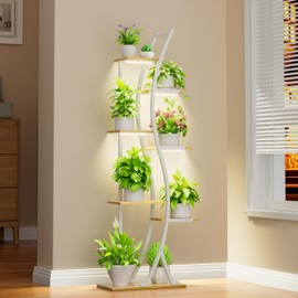 MJOMKN Plant Stand Indoor with Grow Lights - 7 Tiered Tall Metal Plant Shelf - Corner Wooden Plant Stand for Indoor Plants Multiple, Large S-Shape Flower Rack Holder for Living Room, Garden, Patio Decor, 62"
