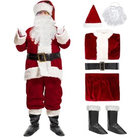 KOMUSMO Christmas Santa Slaus Costume, Christmas Deluxe Velvet Santa Suits for Men, Classic Xmas Adult Santa Costume Cosplay