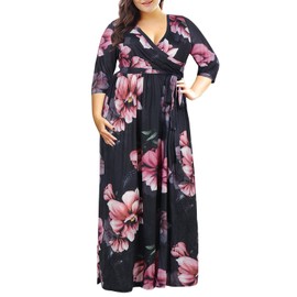 Nemidor Womens Casual V-Neck 3/4 Sleeve Plus Size Long Maxi Dress with Pockets NEM170 (20,Pink Flower)