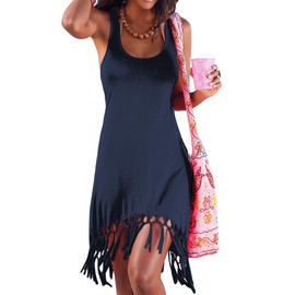Pinziko - Traje de baño de verano para mujer, vestido de playa, vestido de baño con flecos, Azul marino, XXXL