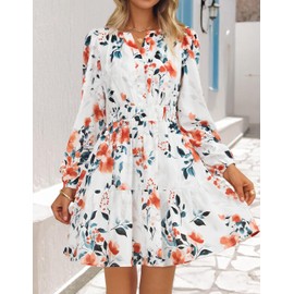 ZESICA Fall Dresses for Women 2025 Boho Floral V Neck Long Sleeve Smocked A-Line Flowy Casual Mini Dress with Pockets,Ivory,Large