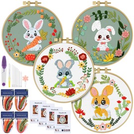 ERKOON 4 Sets Embroidery Kit, Animal Cross Stitch Set for Include Embroidery Cloth Hoops Threads for Craft Lover Hand Stitch (Rabbit)