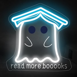 Read More Books Neon Sign, Cute Ghost Reader LED Sign Light, Kawaii Funny Ghost with Bachelor Cap Light Up Night Light for Bedroom Classroom Study Reading Room Library Decoration, 13"x13", Ice Blue