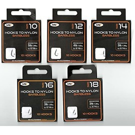 x50 NGT Barbless Hooks to Nylon in Size 10, 12, 14, 16 and 18 TEN Hooks of EACH Size (Fifty Hooks in total)