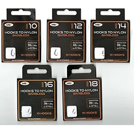 x50 NGT Barbless Hooks to Nylon in Size 10, 12, 14, 16 and 18 TEN Hooks of EACH Size (Fifty Hooks in total)