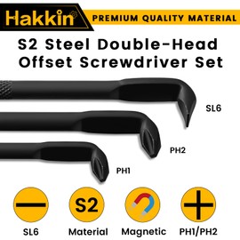 Hakkin Offset Screwdriver 3Pcs Right Angle Screwdriver Set S2 Steel L-Type Magnetic Screwdriver with PH1 PH2 SL6 15mm Flat Elbow Design for Tight Space Operation, Phosphate Treatment