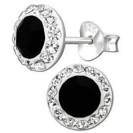 Women's Round Stud Earrings 925 Sterling Silver Small Black Crystal Earrings, Sterling Silver, Crystal