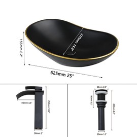Sinku Mccut Ceramic Matte Black Bathroom Sink with Gold Trim,Oval Porcelain Vessel Sink with Faucet and Drain Combo,Above Counter Wash Basin Sink bowl