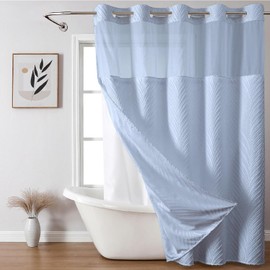 eachope eachope no Hook Shower Curtain and Liner SetBoho Style with See Through Top Window, Blue Fabric Tufted Striped Textured Outer Curtain & Waterproof Inner Liner, FrostBlue, 71Wx98H