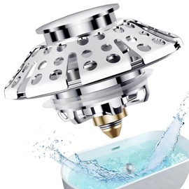 Universal Bathtub Drain Stopper - Pop-Up Hair Catcher with Filter, Fits 1-3/8" to 2" Drain Holes, Anti-Clog Drain Cover with Overflow Plate, Chrome/Black Bath Tub Plug for Bathroom Sink