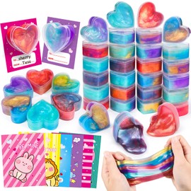 EZIGO 30 PCS Valentine Party Favors for Kids Heart Shaped Glitter Slime Kit with Valentines Day Cards, Stress Relief Fidget Toys, School Game Prizes, Classroom Exchange Valentine Gifts for Boys Girls