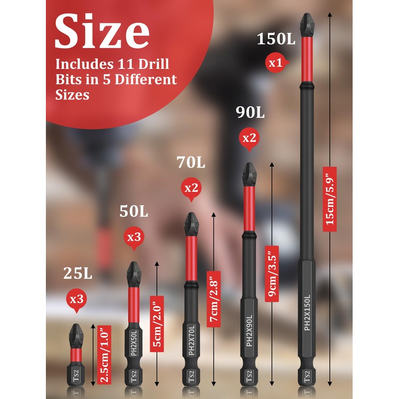 Tomorotec 11PCS Magnetic Phillips Screwdriver Drill Bit Set #2 -