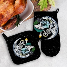 Mingnei Goth Skull Mushroom Oven Mitts and Pot Holders Sets, Skeleton Moon Mushroom Heat Resistant Potholder Kitchen Decor for Cooking Baking BBQ Grilling, Goth Mystic Mushroom Oven Glove Set Gifts