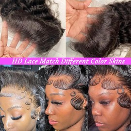 Aomllute 32 Inch Lace Front Wig Human Hair Pre Plucked 200 Density 13x4 HD Deep Wave Lace Frontal Wigs Human Hair with Baby Hair Curly Human Hair Wigs for Women Natural Black