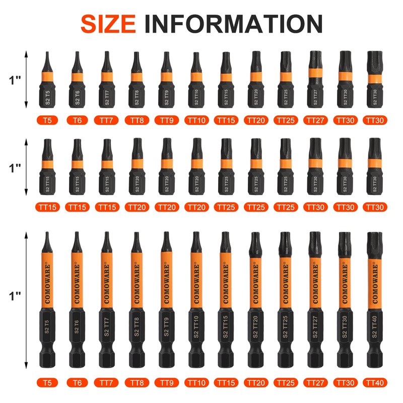 COMOWARE Impact Torx Bit Set 36pcs (TT5-TT40), S2 Steel Security