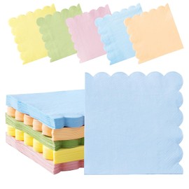 100 Pastel Rainbow Scalloped Cocktail Napkins, 3 Ply 5 x 5 Inch Beverage Napkins Paper Napkins Disposable Luncheon Napkins for Wedding Birthday Party Bridal Anniversary Baby Shower