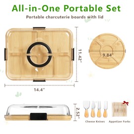 SAKAMOSH Charcuterie Board with Lid and Handle, Portable Travel Bamboo Cheese Board Set with Cheese Knife Set, Gift for Housewarming, Picnic, Gathering (15"x11" Board & 10" Round Board)